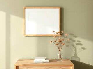 Minimalist interior scene with a blank framed picture and dried flowers on a wooden surface