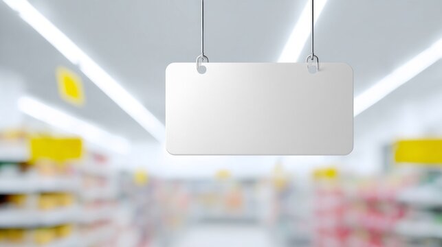 A blank sign is suspended in a well-lit supermarket aisle, surrounded by shelves filled with colorful goods, ready for promotions or announcements to catch shoppers' attention