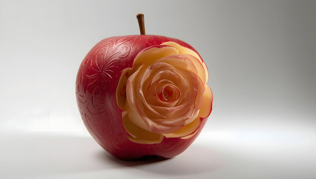A fresh red apple intricately carved into a delicate rose flower, highlighting skilled fruit art craftsmanship with rich texture and vibrant color on a clean white background.