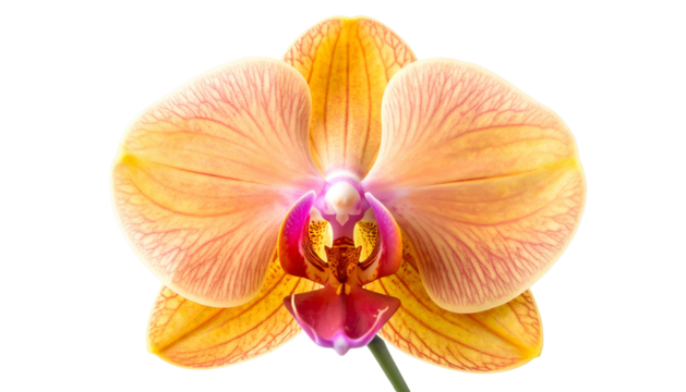 Close-up of a vibrant orchid flower with yellow petals, pink center, and dark background - Powered by Adobe
