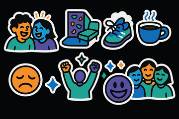 Fototapeta premium Colorful cartoon emojis and objects: smiles, activities, and coffee on black