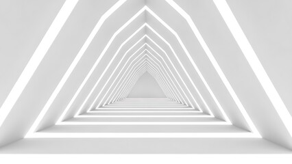 Abstract white futuristic tunnel with repeating triangular archways creating a sense of deep perspective and light