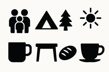 Camping and coffee: minimalist black icons of family, nature, and relaxation essentials