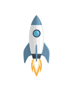 Stylized rocket blasts off with flame against black background