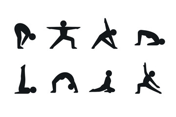 Silhouette yoga poses: flat design icons for wellness and exercise