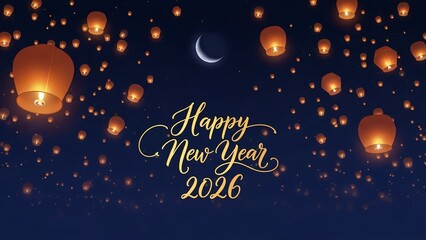 Fototapeta premium Celebrate Happy New Year 2026 with stunning lanterns floating under magical moonlit sky