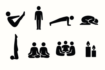 Silhouette icons of yoga poses and meditation practices with candles