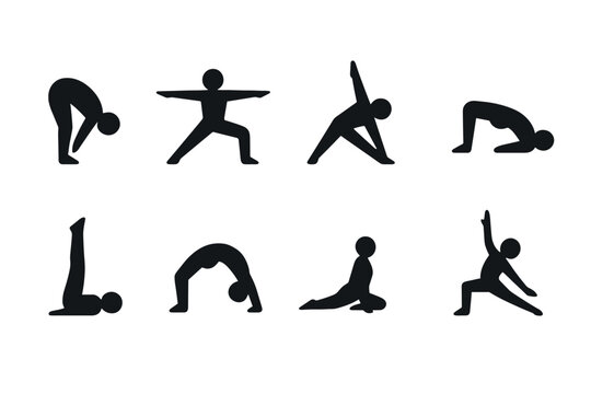 Silhouette yoga poses: flat design icons for wellness and exercise