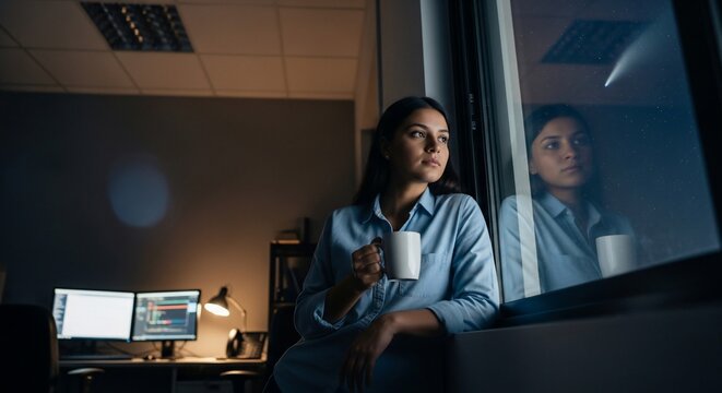 Thoughtful young woman holding a mug and looking out a window in a dimly lit office at night, reflecting on her work.