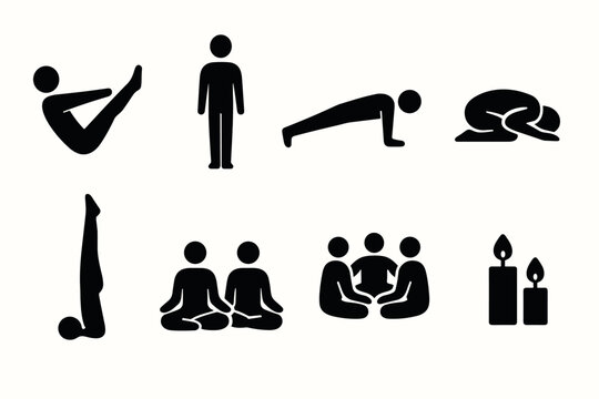 Silhouette icons of yoga poses and meditation practices with candles
