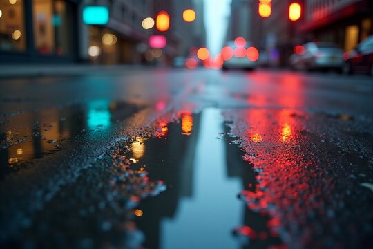 Close-up of traffic lights reflected in a rain-soaked city street puddle