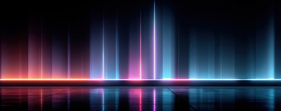 Abstract neon background with glowing vertical bars and a reflective floor in a futuristic scene