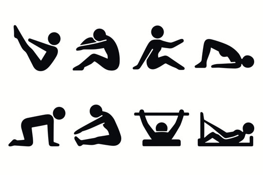 Silhouette yoga poses set: simple black icons for fitness and health designs