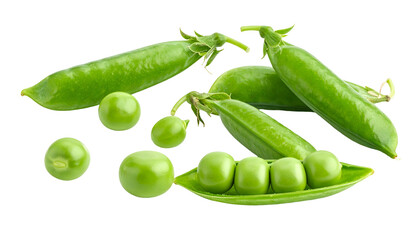 Close-up of green pea pods and peas, scattered on a black background, fresh