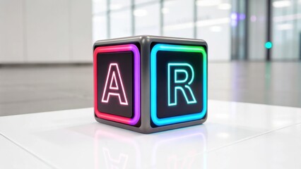 Clean 3D Tech Icons A glowing cube displaying "AR" symbols in a modern, minimalistic space.