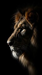 Naklejka premium Lion profile portrait dramatic lighting dark background animal wildlife