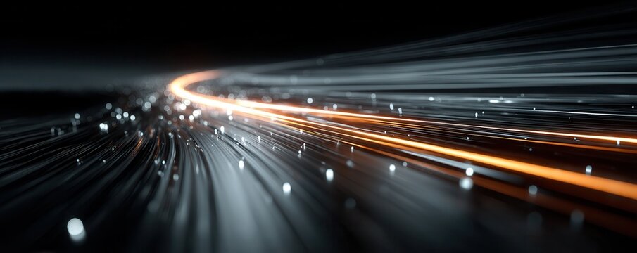 Abstract neon light path on a black background conveys speed and motion in futuristic design