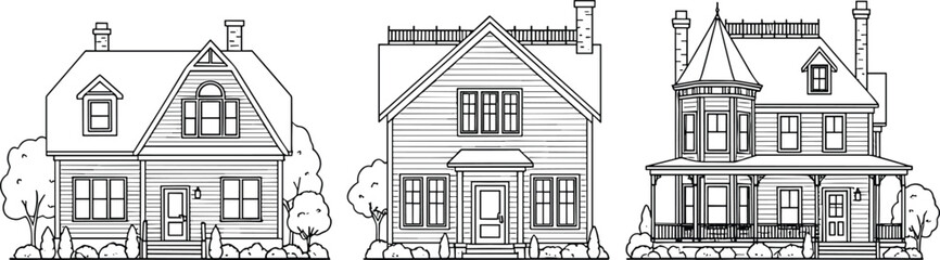 Set of detailed residential house line drawings featuring classic architecture, porches, windows, chimneys, trees, landscaping and vintage home design elements