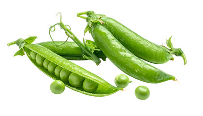 Close-up studio shot of several fresh green pea pods, some open, on a black background