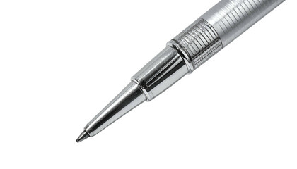 Close-up of a shiny, metallic pen against a stark black background, showcasing detail