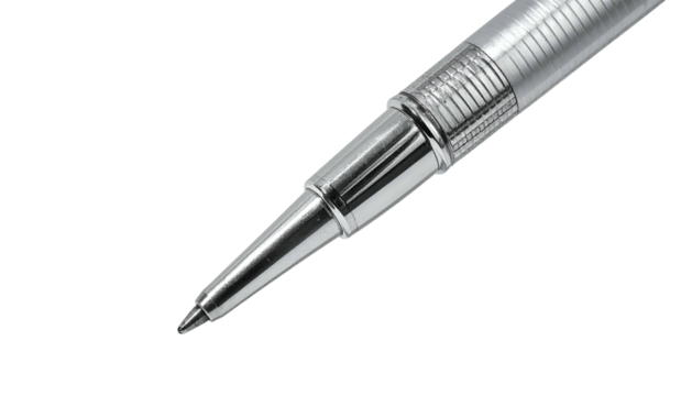 Close-up of a shiny, metallic pen against a stark black background, showcasing detail