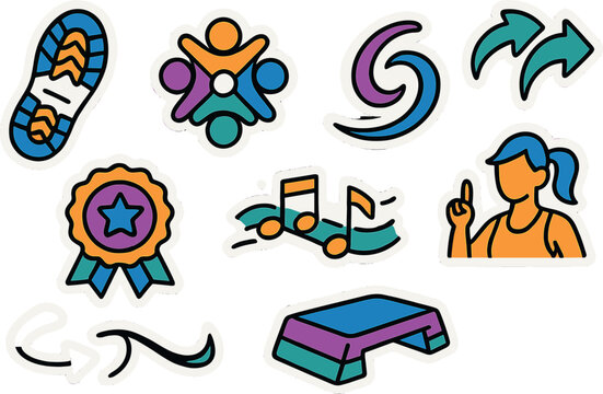 Vibrant fitness and wellness icons collection featuring activities and achievements