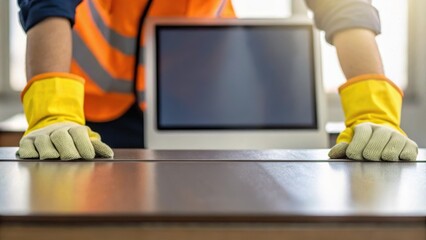 A worker in gloves adjusts a surface with a computer monitor nearby, showcasing a blend of technology and hands-on labor.