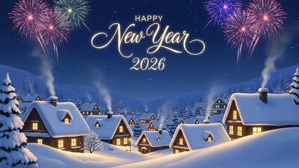 Celebrate happy new year 2026 with village charm and fireworks under the winter sky