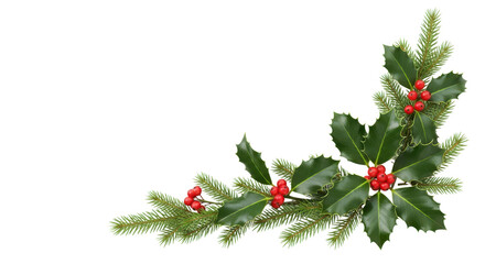 Traditional Christmas corner border decoration with holly leaves, red berries, and pine branches isolated PNG with Transparent Background