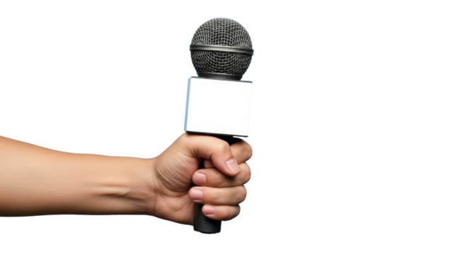 Hand holding professional black microphone with blank flag box for interview or reporting. isolated PNG with Transparent Background - Powered by Adobe