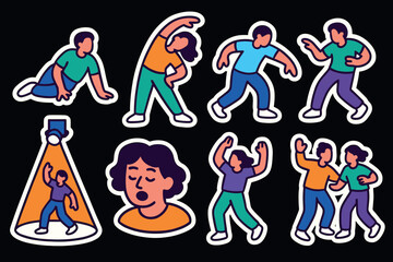 Energetic dance poses and expressions in vibrant cartoon stickers