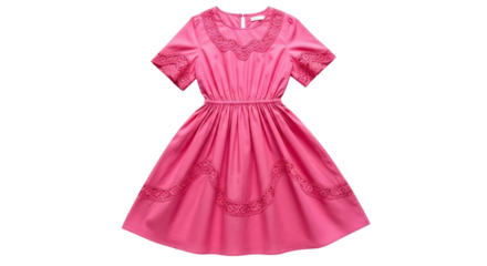 Bright pink cotton short sleeve dress with lace detailing for summer fashion retail isolated PNG with Transparent Background