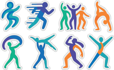 Colorful gradient stickers of dynamic dancing figures on textured background