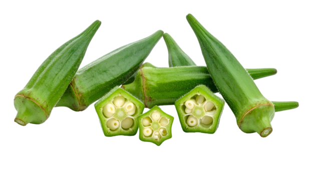Close-up of sliced and whole green okra pods on a black background