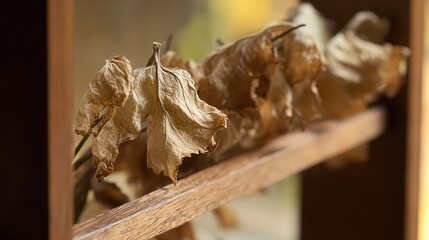 tolerable. Close-up of dried lovage leaves on a wooden rack with natural morning light. gardening catalogs, home-decor guides, designed for home decor and floral branding, used by sports marketers.