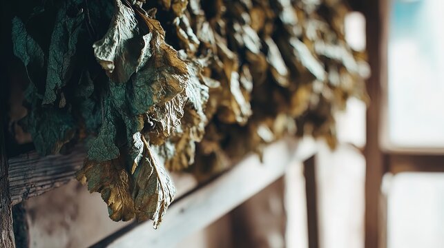 tolerable. Close-up of dried lovage leaves on a wooden rack with natural morning light. gardening catalogs, home-decor guides, designed for home decor and floral branding, used by sports marketers.