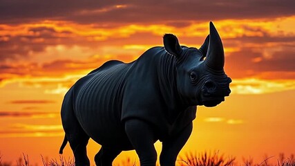 A powerful rhinoceros silhouetted against a dramatic African sunset. Majestic wild animal standing in the savanna with a fiery orange sky. Wildlife conservation concept - Powered by Adobe