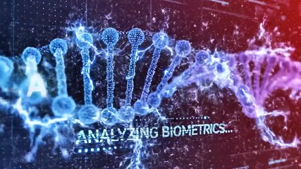 Futuristic DNA helices glow blue and red over a digital grid with 'Analyzing Biometrics' label. area - Powered by Adobe