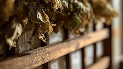 tolerable. Close-up of dried lovage leaves on a wooden rack with natural morning light. gardening catalogs, home-decor guides, designed for home decor and floral branding, used by sports marketers.