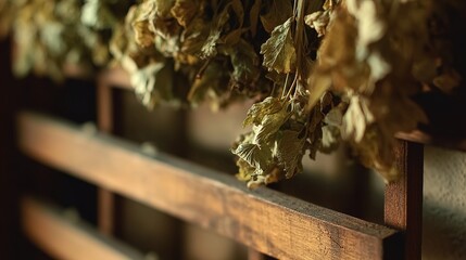 tolerable. Close-up of dried lovage leaves on a wooden rack with natural morning light. gardening catalogs, home-decor guides, designed for home decor and floral branding, used by sports marketers.