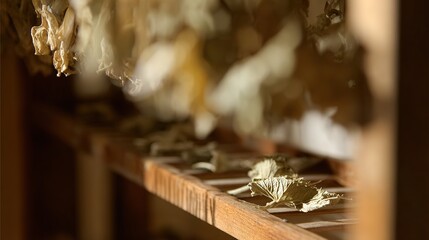 tolerable. Close-up of dried lovage leaves on a wooden rack with natural morning light. gardening catalogs, home-decor guides, designed for home decor and floral branding, used by sports marketers.