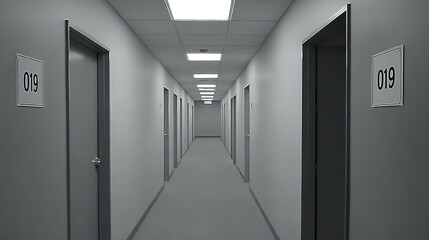 circumlocution. Endless corridor of identical gray office doors with numbered plaques, symmetrical perspective. real-estate listings.