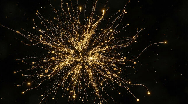 Golden spark explosion on black background, abstract glowing particles bursting outward, luxury festive glitter energy effect, shimmering light streaks and bokeh