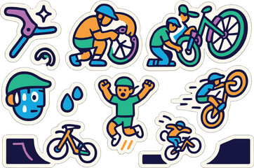 Fototapeta premium Colorful bmx and cycling stickers collection featuring bicycle tricks and maintenance