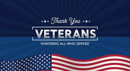 Patriotism-themed, waving American flag on a blue-rayed background with the words “Thank You Veterans.”
