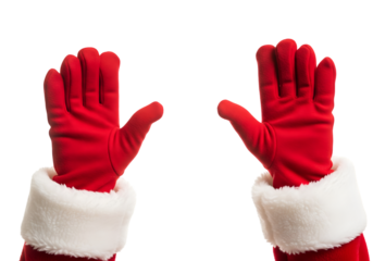 Close up of hands Santa with gloves raise up on transparent background 