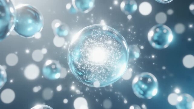 青い透明美容成分の分子が漂うシネマティックアニメーション 3Dレンダリング ジェネレーティブAI