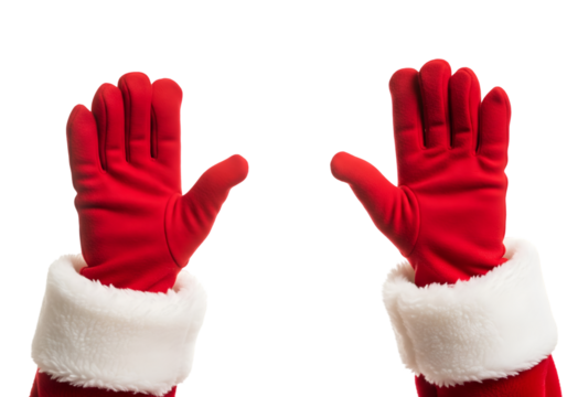 Close up of hands Santa with gloves raise up on transparent background 