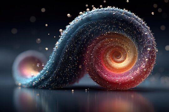 Colorful neon spiral sculpture with glittering droplets, a vibrant abstract 3D swirl art form