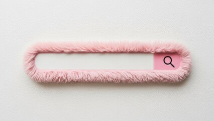 Charming search bar design featuring soft pink fluffy textured appearance with magnifying glass icon on minimalist white background, creating playful modern interface with tactile plush material 